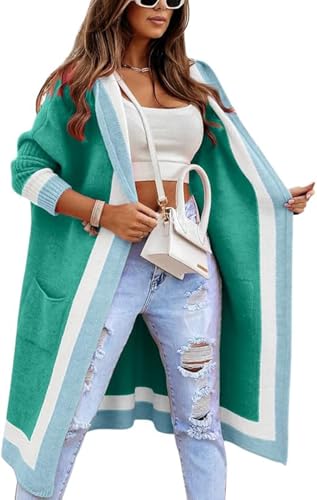 CHARTOU Hooded Long Knit Cardigan for Women Blcoked Color Long Sweatshirt Jacket Sweater