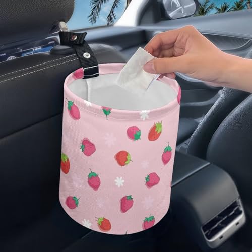 Image of Renewold Car Trash Can for Most SUV Sedan Truck Van Car Trash Bag Bin Pink Red Strawberry Hanging Automotive Garbage Cans Vehicle Trash Storage Bag for Camping Picnic Trip Beach Waterproof