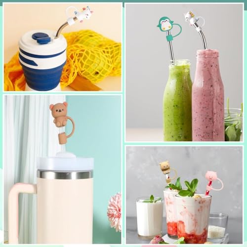 Image of Straw Cover,4pcs Cute Silicone Straw Covers Cap with StrawsReusable Tips Lids (8mm Diameter, with 4pcs Straw)