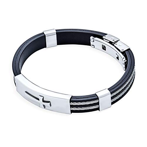 Religious Diagonal Inspirational Sideways Cross Identification ID Bracelet For Men Teens Silver Tone Stainless Steel Black Silicone Wristband Butterfly Clasp - Image 3