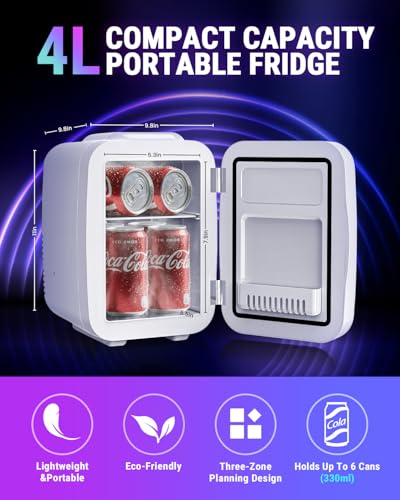 Image of FANSEXPERT Mini Fridge, 4 Liter /6 Cans Small Refrigerator With Dimmable LED Light,AC /DC Portable Mini Cooler and Warmer, Gaming Small Fridge for Bedroom,Office,Gaming Room and Car (White)