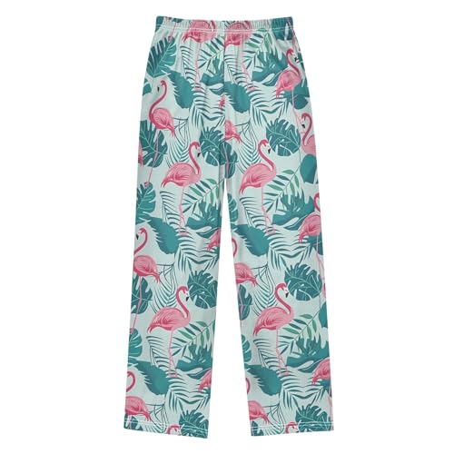 Tropical Leaf Pink Flamingo Pajama Pants Lounge Sleep Pants Elastic Waist Long Pajama Bottoms with Pockets for 6-14 Years2