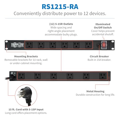 Image of Eaton Tripp Lite 12-Outlet 1U Rack Mount Power Strip PDU, Six Front & Six Rear Facing Outlets, 15A, 120V, 15ft Extension Cord with Flat Plug, Rackmount for DJ Equipment and Server Racks (RS1215-RA)