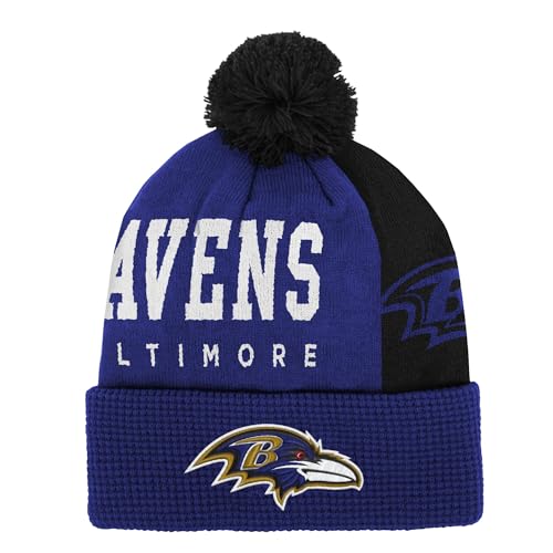 Outerstuff NFL Little Kids 4-7 Tailgate Cuffed Pom Beanie Hat, Baltimore Ravens, Purple