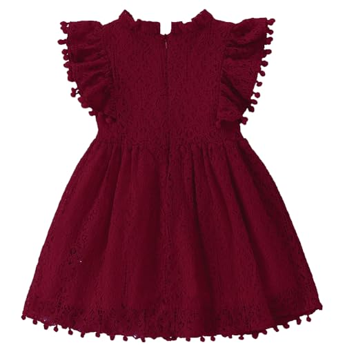 BGFKS Baby Girl Tutu Dress Elegant Lace Pom Pom Flutter Sleeve with Flower Headband Set(Wine Red,2T)