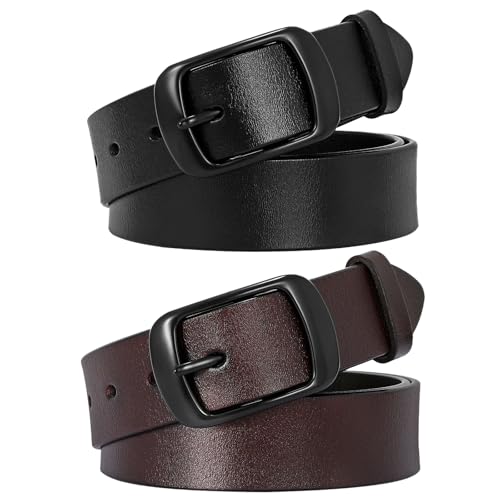 Image of SUOSDEY Fashion Womens Leather Belt, Soft Waist Belt with Pin Buckle for Jeans Pants,width 1.3 inch, 11-black+coffee (Matte Black Buckle), Small: fits waist from 25 inch-30 inch