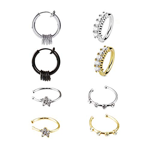 Fake Hoop Nose Ring-Stainless Steel 8 pcs Mens Fake Nose Rings Prevent Allergy No Fading Personality Lip Ear Rings for Women Men