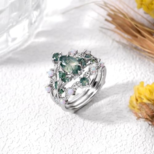 Natural Moss Agate Engagement Ring Set for Women, 10K 14K 18K Gold Marquise Cut Green Moss Agate Leaf Wedding Band Bridal Ring Set Ring Guards for Women Loose Rings Jewelry Gifts4