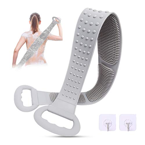 Ellfoe Back Scrubber for Shower Upgraded 32 Inch Long Silicone Body Scrubber Exfoliating Double Sided Silicone Bath Body Brush Deep Clean Comfortable Back Washer for Shower Massage Men Women – Gray