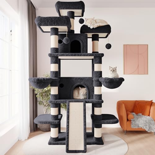 Image of SHA CERLIN 81 Inches Extra Large Cat Tree for Indoor Adult Cats /XXL Big Cat Tower with Condo /Cozy Perches /Sisal Scratching Posts and Hammocks /Activity Center /F80 /Heavy Duty /Dark Grey