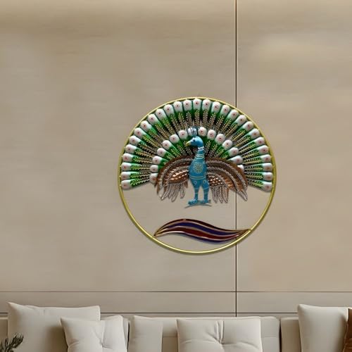 Image of Iron Big Handcrafted Multicolor Round Metal Peacock Abstract Wall Art Decorative Wall Frame Sculpture for Living Room Bedroom Drawing Room Home Decor