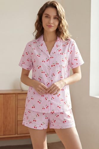 Image of LUBOT 100% Cotton Pajamas for Women 2 Piece PJ Set Poplin Woven Lightweight Ladies Button Short Sleeve Sleepwear S-XXL
