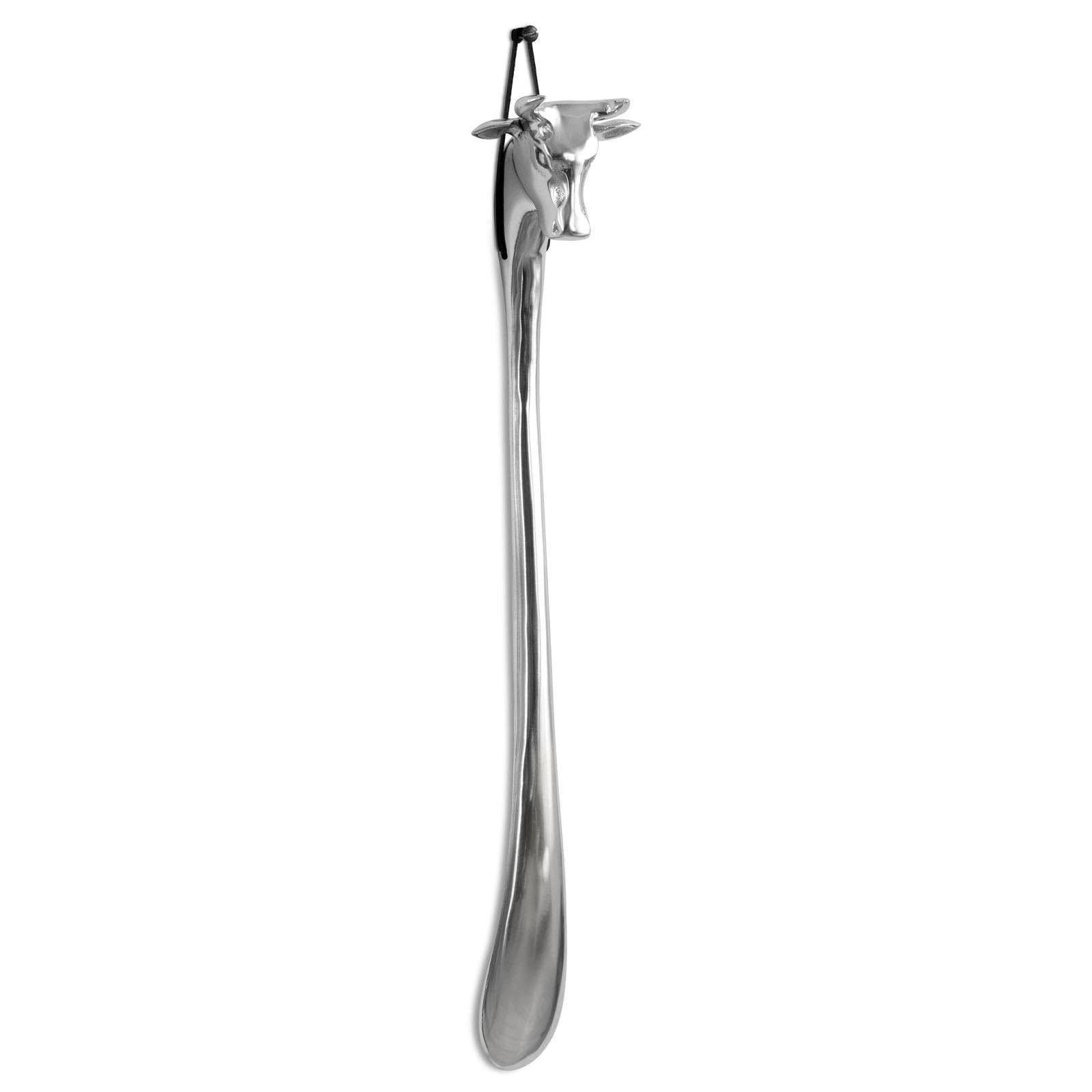 langer stabiler Aluminium Schuhlöffel zum aufhängen - Edler Metall Deko Schuhanzieher 54 cm mit Kuh Kopf Motiv Griff - für Stiefel und hohe Schuhe