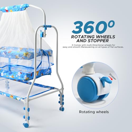 Image of BUBBLEBABY Baby Cradle | Jhula | Baggi | Palna | Ghodiyu | Ventilated | with Swing & Mosquito Net | 0-12 Months | Four Wheels with Brake | Storage | Polypropylene | Safe & Sturdy | Foldable | Blue