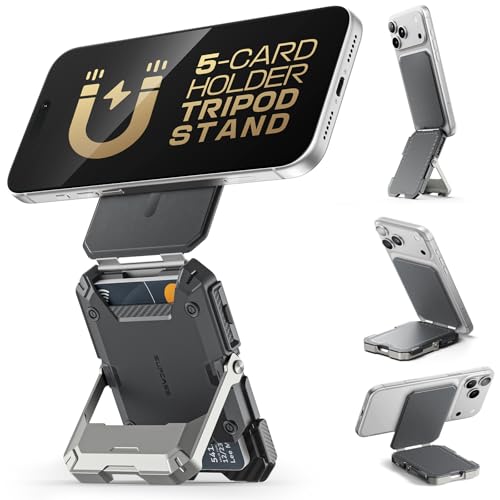 Image of SUPCASE for MagSafe Wallet with Stand, Magnetic Wallet for Men, [Hold 5 Cards] [Adjustable Stand] [RFID Blocking] Phone Stand Credit Card Holder Tripod for iPhone 17 /16 /15 /14 /13 /12 Series, Silver