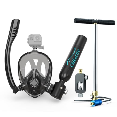 CHIKADIV Mini Scuba Tank with Sub-Mask 0.5L Scuba Tank with Snorkel Mask Lung with Full-face Mask Underwater Breathing Mask E Black