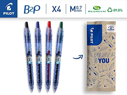 Pilot Bottle 2 Pen Gel 0.7, Gel Pen, Made from Recycled Plastic, Set of 4 (Black, Blue, Red, Green), Medium Tip