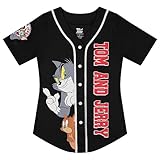 Tom and Jerry Ladies Shirt - Ladies Classic Cartoon Mesh Button Down Baseball Jersey - Hanna Barbera Mesh Jersey (Black White, Large)