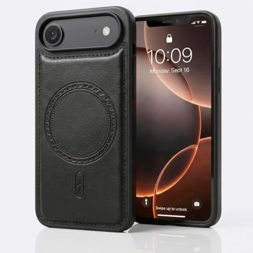Image of amazon basics Premium PU Leather Case for iPhone 17 Air, MagSafe Compatible Magnetic Ring, Sleek Protective Back Cover - [Black]