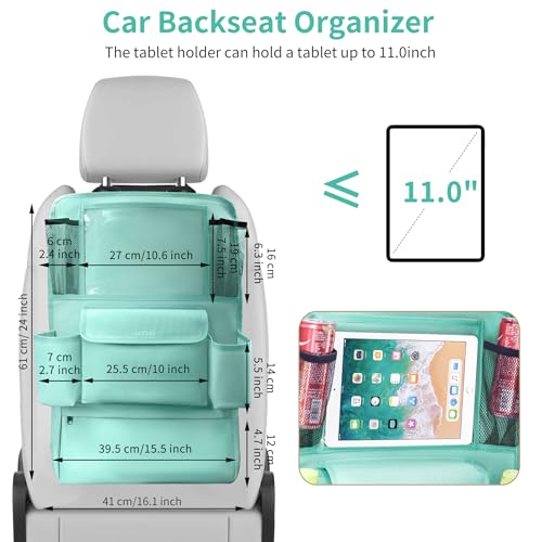 Image of LUCMO Car Backseat Organizer with Touch Screen Tablet Holder, Light Blue | 9 Storage Pockets,Clear Tablet Holder,Protectors Kick Mats,Travel Accessories,Seat Cover,Road Trip Essentials
