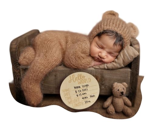 Baby Boy Costume Newborn Outfits, Newborn Photography Outfits Boy Girl with Bonnet, Hand-Knitted Teddy Bear Costume with Baby Announcement Sign