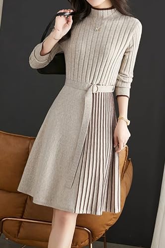 Image of LAI MENG FIVE CATS Women's Elegant Long Sleeve Stripe Sweater Ribbed Knit Pullover Fall Midi Dress