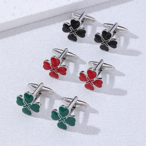 Mancuernillas con trébol esmaltado para hombre plateadas miniatura 5