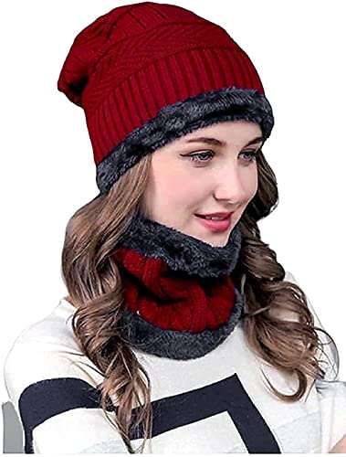 TruFlair 2 Pairs Men's & Women's Snow Proof Inside Fur Warm Woolen Cap with Neck Muffler Neck Warmer Scarf for Winters - Free Size (Red and Brown) Unisex Beanie 1