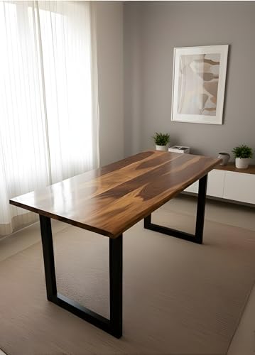Image of REDWOOD Metal Bucks Live Edge Dining Table /Solid Sheesham Wood Industrial Kitchen Table with Metal Legs, Teak