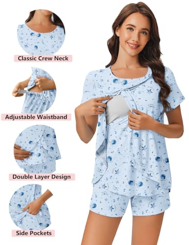 Image of Ekouaer 3 PCS Maternity Nursing Pajamas Set Postpartum Breastfeeding PJS | 3-Piece Set, Including Short Sleeve Shirts, Pregnancy Shorts & Pants, Buttery Soft, Skin-Friendly Feel