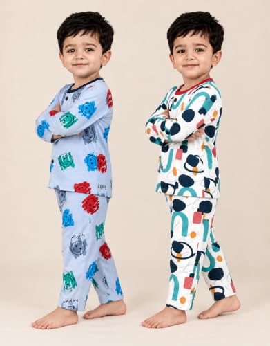 Image of 3BROS Kids Pure Cotton Night Suit Set | Boys Girls Printed Sleepwear Shirt & Pajama Clothing Combo | Soft Breathable Night Dress Outfit | Pack of 2