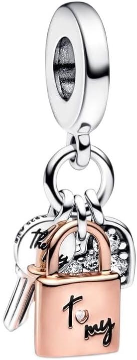 PANDORA Two-tone Key, Padlock & Heart Triple Dangle Charm - Compatible Moments - Made Rose, Sterling Silver & Cubic Zirconia - With Gift Box