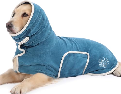 PETTOM Hundebademantel, Bademantel Hund mit Hohem Kragen, Hundebademantel für Große Hunde, Hunde Bademantel Extra Saugfähig mit Klettverschluss (Blau, XL)
