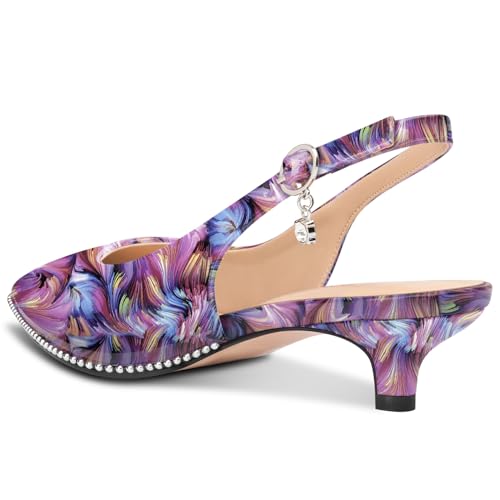 Image of TNYNFBEB Womens Low Kitten Heel Close Pointed Toe Pumps Slingback Silver Beaded Buckle Prom Party Dress Patent Leather 1.4 Inches Heels