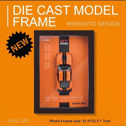 Image of Worshiper 3D Car Frame Wall Art Wooden Hanging Painting Frame with Removable Die-Cast Cars, Lights & Sounds Pull-Back Action & Opening Doors Collectible Display for Car Decoration (1:32 Ford Mustang Shelby)