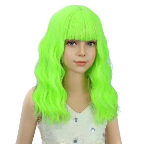 Image of PATTNIUM Neon Green Wig for Girls Kids Short Curly Wavy Wigs with Bangs Light Green Shoulder Length Wavy Heat Resistant Synthetic Wig