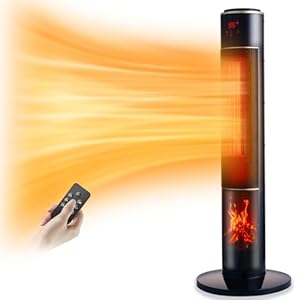 Calentador eléctrico portátil para habitaciones grandes, calentador de espacio de torre de cerámica de 37 pulgadas con llama 3D para calefacción de habitación, oscilante, control remoto, protección