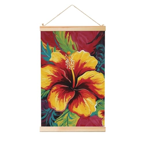 Poster coloré hibiscus toile cintre bois décoration intérieure vintage