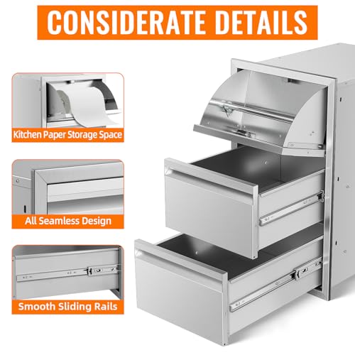 Image of 15 inch W x 26 inch H x 22 inch D Inch Outdoor Kitchen Stainless Steel Triple Access Drawers with Paper Towel Holder Combo for Outdoor Kitchen Island or Grill Station