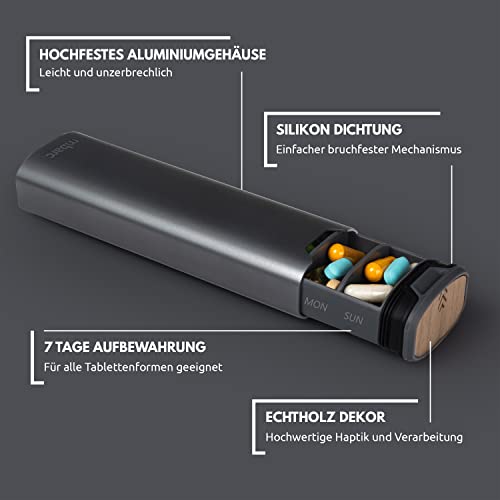 Tablettenbox, 7 dagen grote pillendoos 7 dagen voor onderweg, hoogwaardig, stijlvol aluminium en houten pillendoosje met voor voedingssupplementen, pillen, vitaminen en medicijnen, staalgrijs - Afbeelding 4