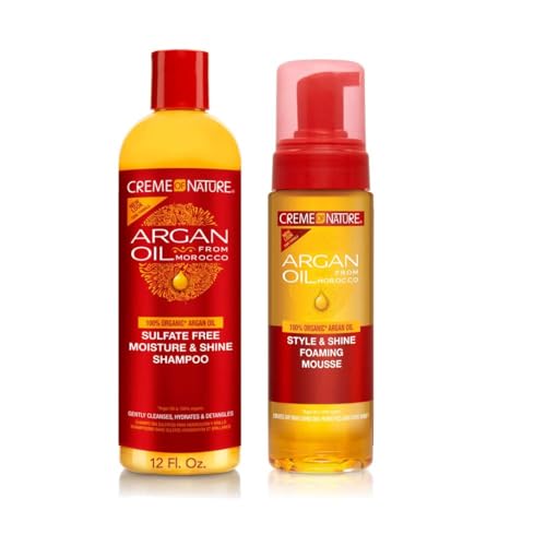 Creme of Nature Foaming Mousse, Espuma Líquida para Rizos con Aceite de Árgan, 207 ml + Champú Brillo e Hidratación con Aceite de Argán para Todo Tipo de Cabellos 354 ml