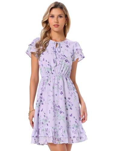 Image of Allegra K Women's Ruffle Sleeve Self-Tie V Neck Flowy Ruffled A-Line Floral Chiffon Dress