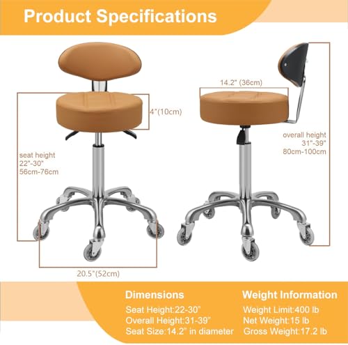 Image of Kaleurrier Rolling Stool with Back Support: Adjustable Height 22-30 inches for Nail Lash Tech Stylist - Heavy Duty Stool Chair with Wheels for Salon Shop Office Kitchen Garage