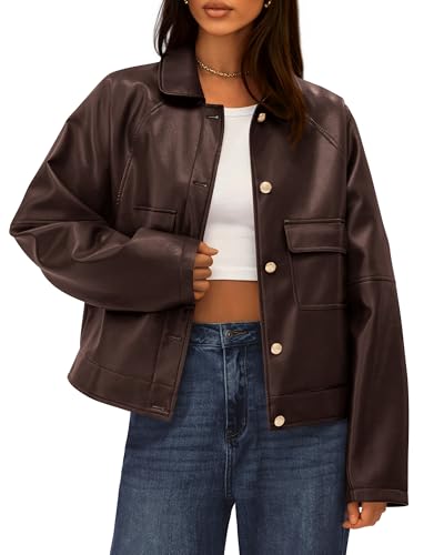 BTFBM Leather Jacket Women Fall Clothes 2025 Long Sleeve Button Down Winter Coats Oversized Motorcycle Outwear(Dark Coffee, Medium)