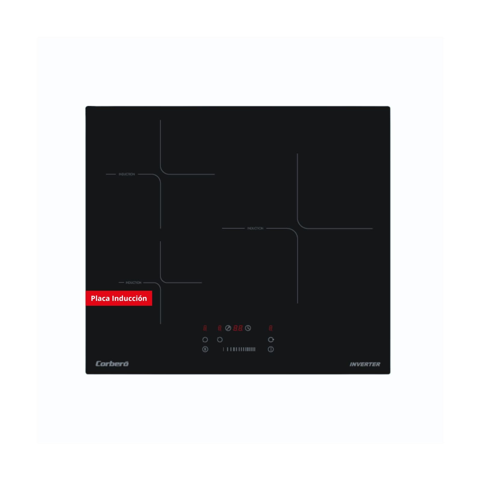 Corberó - Placa de Inducción | CCIM374 | 7400W | 3 Zonas de Cocción | Zona Extra Grande 29 cm | Control Táctil Slider | Booster| Temporizador | Bloqueo seguridad | Lineas