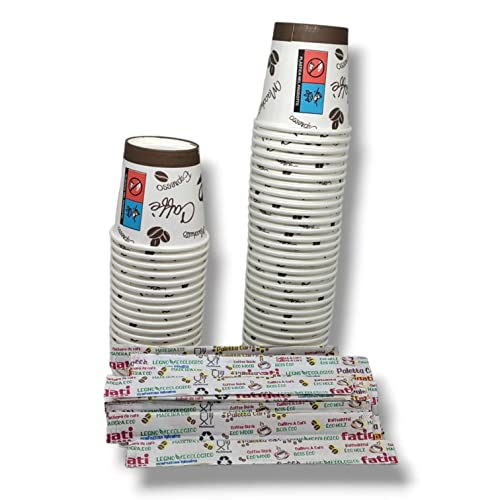 Terryshop74 Kit completo 100 bicchierini caffè di carta 66 ml Ecologici Biodegradabili Monouso Piccoli Asporto Bevande Calde (100 bicchieri + 100 palette)