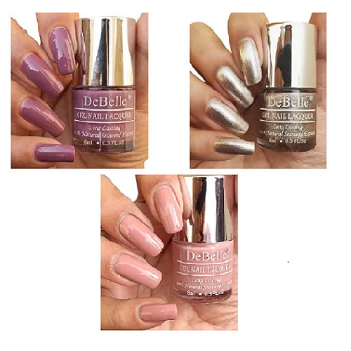 DeBelle Gel Nail Polish Combo Set of 3 Laura Aura [Light Mauve], Pandora [Blush Rose Gold Glitter] & Rose Aurelia [Pink Mauve] – 24 Ml (8 Ml Each)
