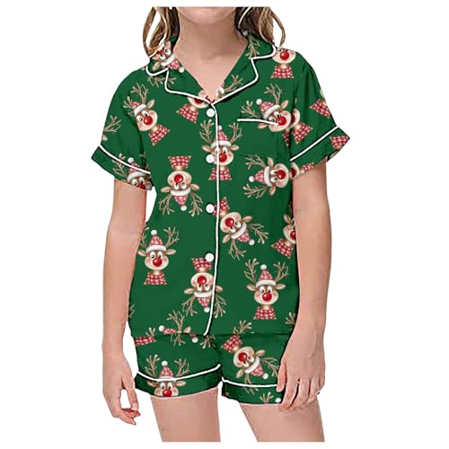 Genérico Pijama Navidad Niño Niño Niña Manga Corta Impreso Feliz Top Y Pantalones Cortos Cárdigan Sleepwear Cómodo Casa Conjunto Dos Piezas para Ocio, verde, 4-5 Años