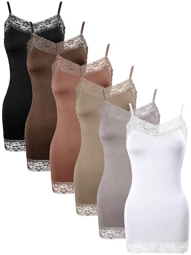 Bencailor 6 Pcs Women's Long Tank Tops, Lace Camisole Neck Cami Adjustable Spaghetti Strap Undershirts for Women (Small,Retro Color)