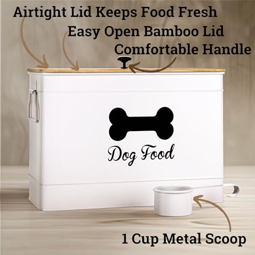 Dog Food Container Airtight 15 lb (50 Cup) Capacity with Metal Scoop - Cute Airtight Dog Food Storage Container with Bamboo Lid - White Metal Kibble Storage Bin for Dogs up to 100 lbs - Big Pet Jar - Image 3